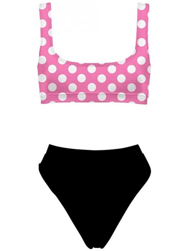 Sets Two Pieces Bikini Sets Sports Crop Top High Waisted High Cut Cheeky Swimsuit - Pink Polka Dot With Black Bottom - CH18QH...
