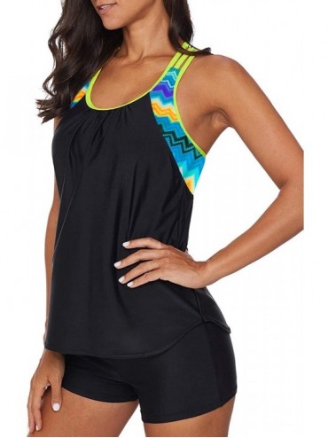 Sets Women 2 Pieces Layered Style Printed Tankini with Boy Short Racerback Swimsuits - 1 T Back-black - CN18MHLDEGT $23.00