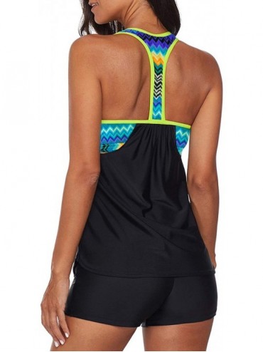 Sets Women 2 Pieces Layered Style Printed Tankini with Boy Short Racerback Swimsuits - 1 T Back-black - CN18MHLDEGT $23.00