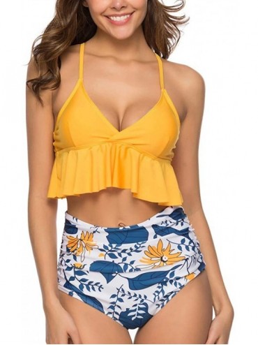 Sets Womens Swimsuit Two Pieces Ruffled High Waisted Bottom Bikini Set - Blue 02 - CC18RCOS2MI $31.56