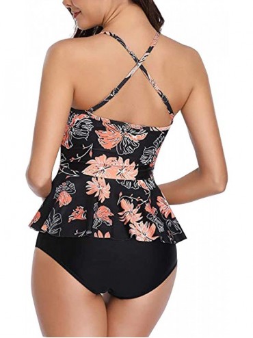Sets Women Floral High Waisted Swimsuit Stripe Bikini Ruffles Print Two Pieces Swimwears - Orange 2 - CO18SIZNGCU $38.93