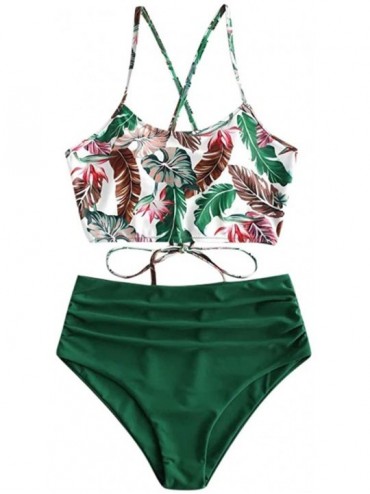 Rash Guards Women's Tropical Leaf Print Lace Up High Waisted Tankini Set Swimsuit - Green - CZ194LKMO9M $23.02