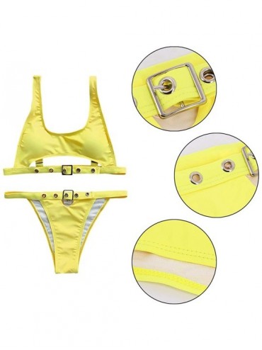 Sets 2 Pcs Sets Women Shiny Metallic Patent Leather Bikini Swimsuit Bra Triangle Bikini Swimwear Set - Yellow - C9196WZ4XLE $...