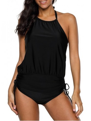 Tankinis Womens Tankini Swimwear Blouson Halter Two Piece Swimsuit Tummy Control - Black/Halter - CC18E57H407 $27.24