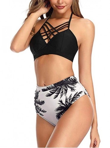 Sets Two Piece Bikini Set for Women Vintage Flounce Swimwear Floral Print Halter Cutout High Waisted Racerback Swimsuit - Whi...