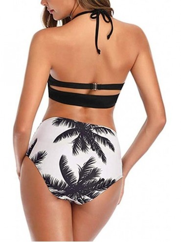 Sets Two Piece Bikini Set for Women Vintage Flounce Swimwear Floral Print Halter Cutout High Waisted Racerback Swimsuit - Whi...