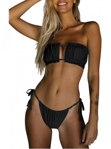 Sets Women Bandeau Bikini Top with Tie Side Thong Bathing Suit - Black - CJ194RAEY7O $45.39