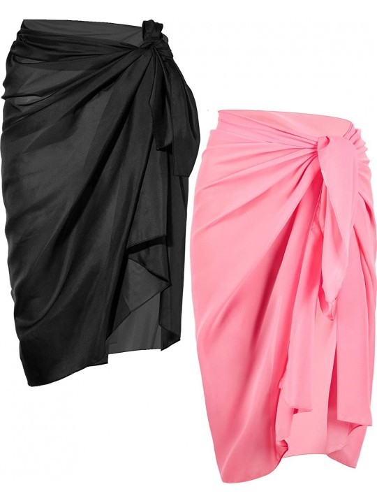 Cover-Ups 2 Pieces Women Beach Wrap Sarong Cover Up Chiffon Swimsuit Wrap Skirts - Black and Pink - C0190N6M7QO $15.28
