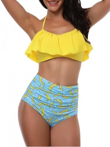 Sets Womens High Waist Swimsuits Flounce Falbala Bikini Set Two Piece Padded Bathing Suit - Yellow - CL18MGWGTSR $38.29