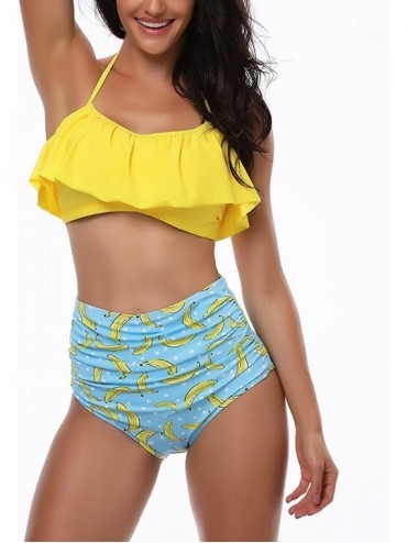 Sets Womens High Waist Swimsuits Flounce Falbala Bikini Set Two Piece Padded Bathing Suit - Yellow - CL18MGWGTSR $24.32