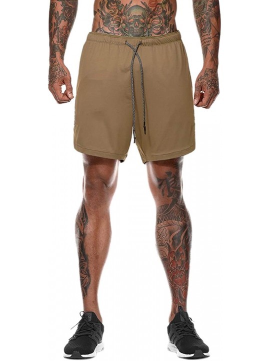Racing Men Workout Gym Running Shorts Training with Inner Compression Quick Dry - Khaki-b - CF199ON8EOG $11.32
