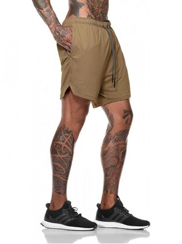 Racing Men Workout Gym Running Shorts Training with Inner Compression Quick Dry - Khaki-b - CF199ON8EOG $11.32