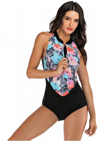 Sets Women's One Piece Swimsuit UV Sun Protection Rashguard Swimming Bathing Suit Zip Up Floral Printed Swimwear 002black - C...