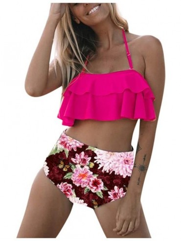 Board Shorts Swimsuit for Women Two Pieces Top Ruffled Backless Racerback with High Waisted Bottom Tankini Set - O-hot Pink -...