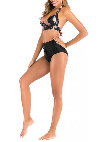 Sets Women's Sexy Spaghetti Strap Halter Bikini Bathing Suits Set - Black Retro Flower - CQ1900EQN46 $15.48