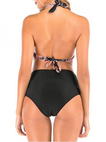 Sets Women's Sexy Spaghetti Strap Halter Bikini Bathing Suits Set - Black Retro Flower - CQ1900EQN46 $15.48
