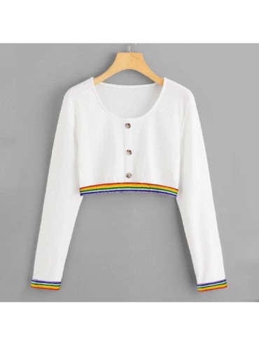 Cover-Ups Teen Girls Rainbow Sweatshirt Womens Crop Tops Patchwork Long Sleeve Stripe Pullover Hoodies - White-2 - CM18HS4AEY...