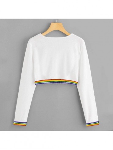 Cover-Ups Teen Girls Rainbow Sweatshirt Womens Crop Tops Patchwork Long Sleeve Stripe Pullover Hoodies - White-2 - CM18HS4AEY...