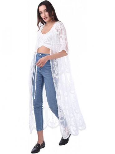 Cover-Ups Casual Lace Kimono for Summer- Long Lace Cardigans Lightweight- Bathing Suit Cover Ups for Women - White Kimono - C...