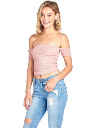Tankinis Short Sleeve Ribbed Tube Off Shoulder Crop Top - Mauve - C718D5AYGMT $21.98