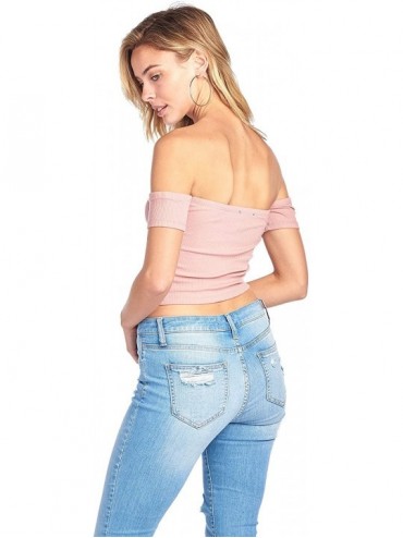Tankinis Short Sleeve Ribbed Tube Off Shoulder Crop Top - Mauve - C718D5AYGMT $12.84