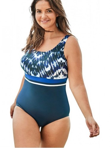 One-Pieces Women's Plus Size Empire-Waist Swimsuit with Molded Bra - Blue Tie Dye Zigzag (1278) - CG195SNW2A6 $36.00