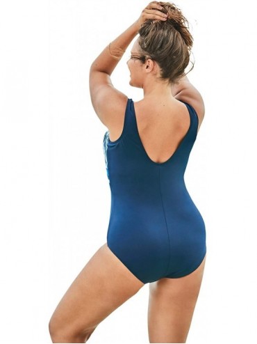 One-Pieces Women's Plus Size Empire-Waist Swimsuit with Molded Bra - Blue Tie Dye Zigzag (1278) - CG195SNW2A6 $36.00