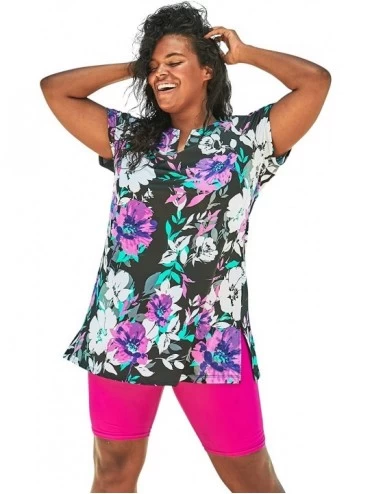 Tankinis Women's Plus Size Short-Sleeve Swim Tunic - Pink Graphic Peony (2456) - C5193I6XEKH $60.37