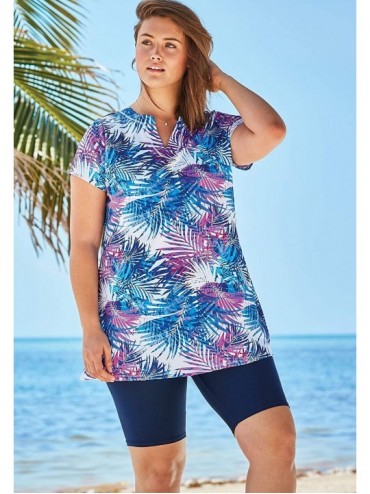 Tankinis Women's Plus Size Short-Sleeve Swim Tunic - Pink Graphic Peony (2456) - C5193I6XEKH $35.74