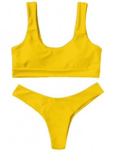 Tops Women Pure Color Sport Yoga Bikini Swimsuits Two Piece Beach Bathing Suit Tankinis - Yellow - CJ1942OLG99 $20.36