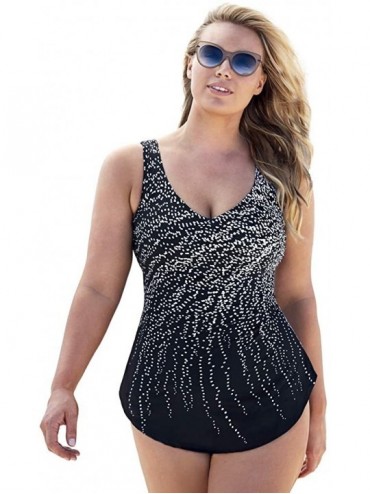 One-Pieces Women's Plus Size Black White Dot Sarong Front One Piece Swimsuit - Engineered Rain - CJ18R589IGL $76.72