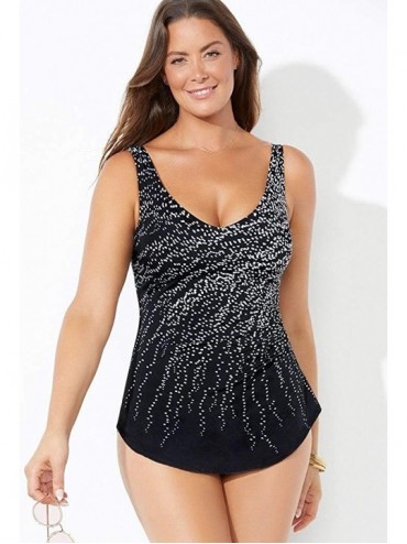 One-Pieces Women's Plus Size Black White Dot Sarong Front One Piece Swimsuit - Engineered Rain - CJ18R589IGL $42.51
