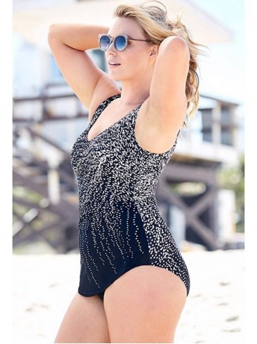 One-Pieces Women's Plus Size Black White Dot Sarong Front One Piece Swimsuit - Engineered Rain - CJ18R589IGL $42.51