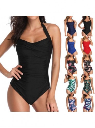 One-Pieces Womens Swimsuits One Piece Swimsuit-Tummy Control Bathing Suits Sexy Halter Deep V Neck Monokini Vintage Ruched Sw...