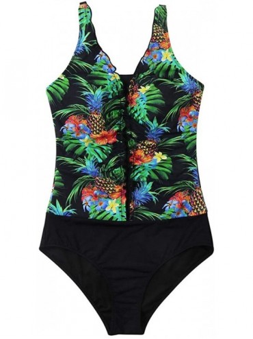 One-Pieces Women Tummy Control One Piece Swimsuits Plus Size Monokini Bathing Suits - 2-88 Black Leaves - CS1949ZLE2A $25.52