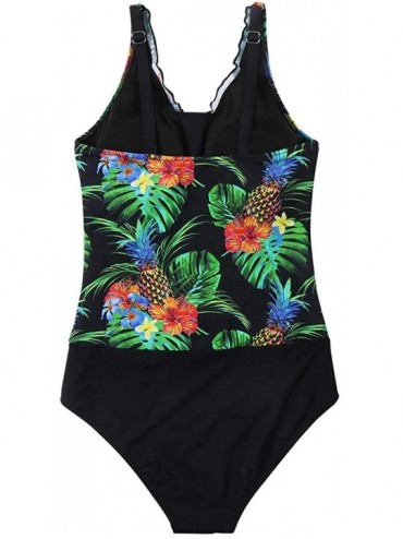One-Pieces Women Tummy Control One Piece Swimsuits Plus Size Monokini Bathing Suits - 2-88 Black Leaves - CS1949ZLE2A $25.52