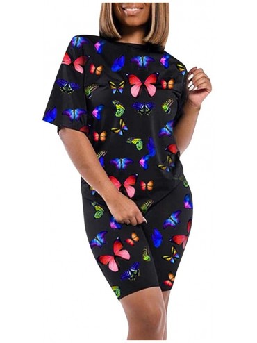 Board Shorts Women's Fashion Summer Butterfly Print Tops Slim Short Pants Sport Set - Dark Blue - C7196SA8R8M $39.38