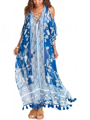 Cover-Ups Women Turkish Kaftan Swimsuit Bikini Cover Ups Casual Beach Caftan Maxi Dress - Blue Print 2 - C318R7L4UH5 $42.98