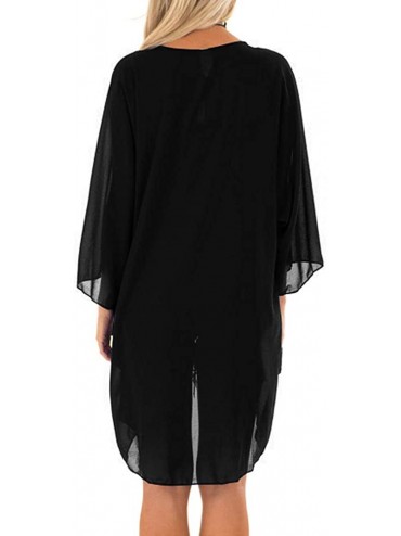 Cover-Ups Women's 3/4 Sleeve Kimono Chiffon Loose Cardigan - 01_black - CO18H8753UY $17.91
