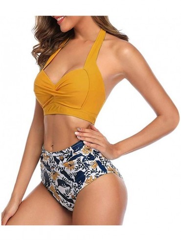 Sets Women High Waisted Bikinis Halter Bandage Swimuit Retro Print Two Piece Bathing Suits Bikini Set - Yellow B - C319585580...