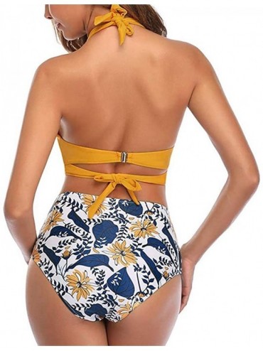 Sets Women High Waisted Bikinis Halter Bandage Swimuit Retro Print Two Piece Bathing Suits Bikini Set - Yellow B - C319585580...
