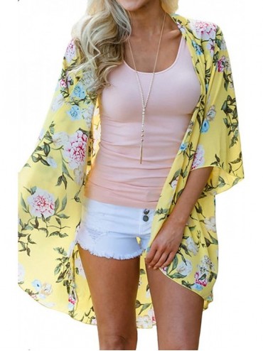 Cover-Ups Womens Floral Kimono Loose Half Sleeve Chiffon Casual Cardigan Cover Up - 5-yellow - CW18TGN29DO $34.99