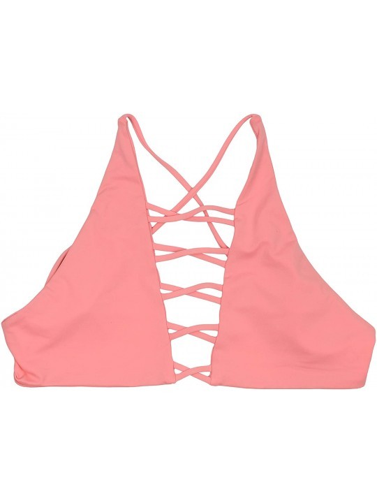 Tops Women's Seamless Hi-Neck Caged Cross Ex Tank Bikini Top - Coral - CL18CY49KZ5 $20.66