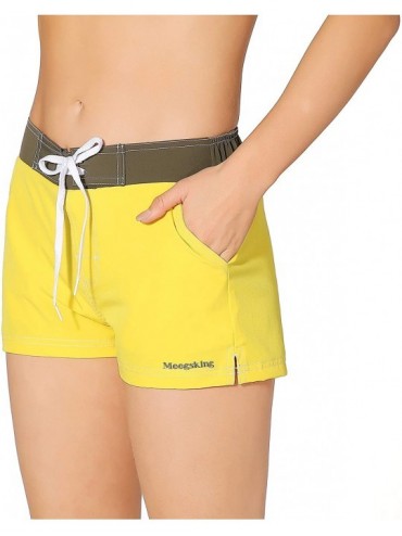 Board Shorts Women Quick Dry Swimwear Trunks Sports Board Shorts with Soft Briefs Inner Lining - Lemon Yellow/Army Green - CN...