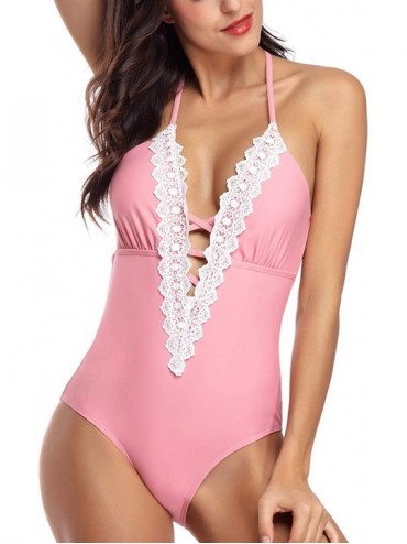 One-Pieces Women Swimsuit One Piece Deep V Vintage lace Tummy Control Bathing Suit Swimwear Monokini - Dark Pink - CN18Q76MXE...