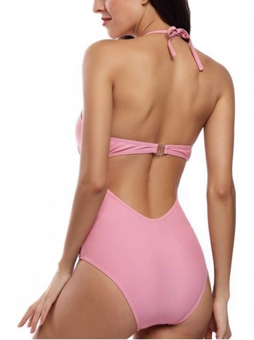 One-Pieces Women Swimsuit One Piece Deep V Vintage lace Tummy Control Bathing Suit Swimwear Monokini - Dark Pink - CN18Q76MXE...