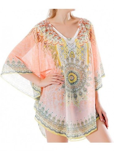 Cover-Ups Women's Loose V Neck Blouse Top Chiffon Batwing Sleeve Caftan Poncho Tunic Beach Cover Up with Crystal Beads 409 - ...