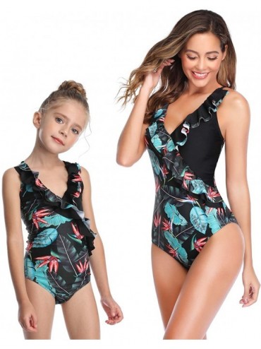 Sets Girls Kids Swimsuit Family Matching One Piece Bikini Swimwear Bathing Suits - Black Cyan Floral Mom - CQ194LNL9Y2 $22.37