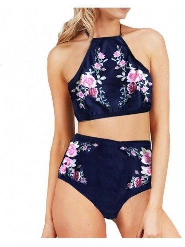 Sets Teen Girls High Waist Swimsuit Summer Two Piece Bathing Suit Skinny Bikini Sets - Floral-navy - CI18EE0RI23 $13.84