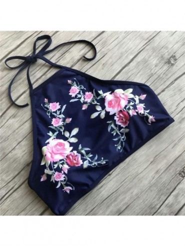 Sets Teen Girls High Waist Swimsuit Summer Two Piece Bathing Suit Skinny Bikini Sets - Floral-navy - CI18EE0RI23 $13.84